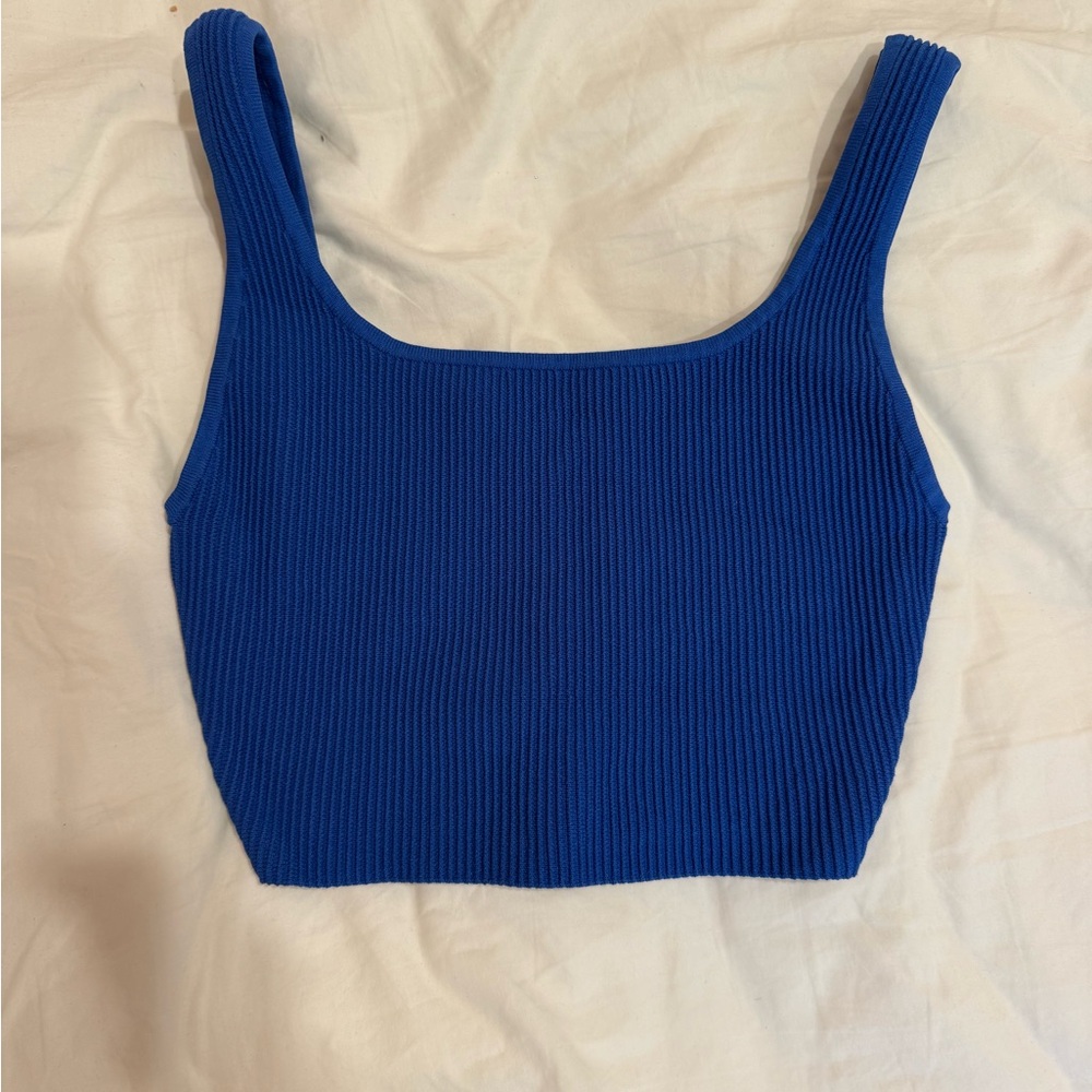 Babaton Blue Ribbed Square-Neck Crop Tank Top